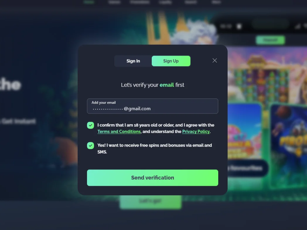 Sign up form showing email field, age and policy consent checkboxes, and send verification button
