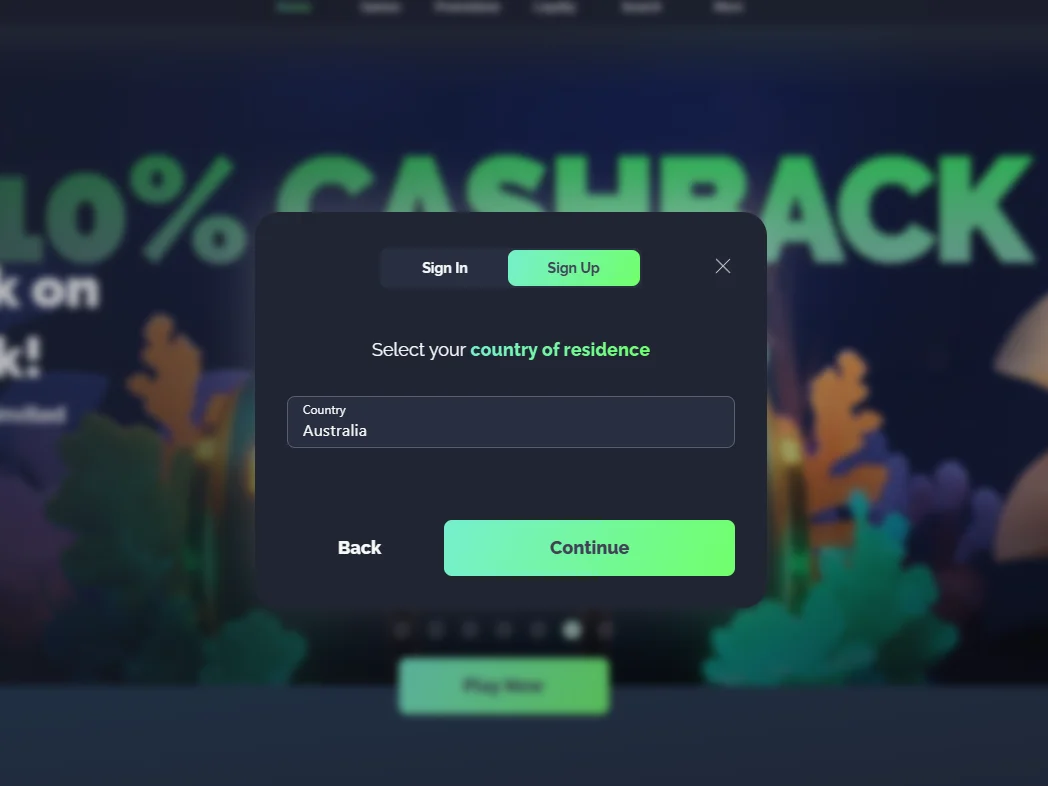 Country selector screen showing Australia selected as country of residence with continue button